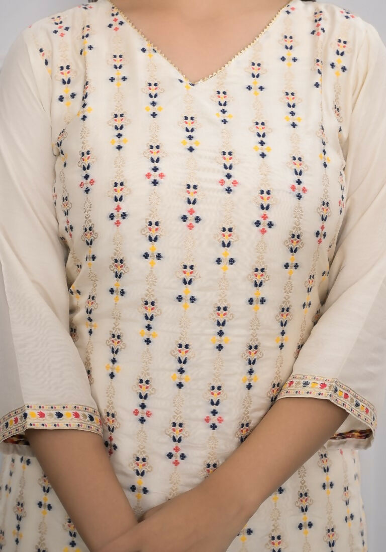 Cream Jequard Silk Embroidery with Thread and sequence Stitched Suit With Dupatta - Tanisha | Grocsy