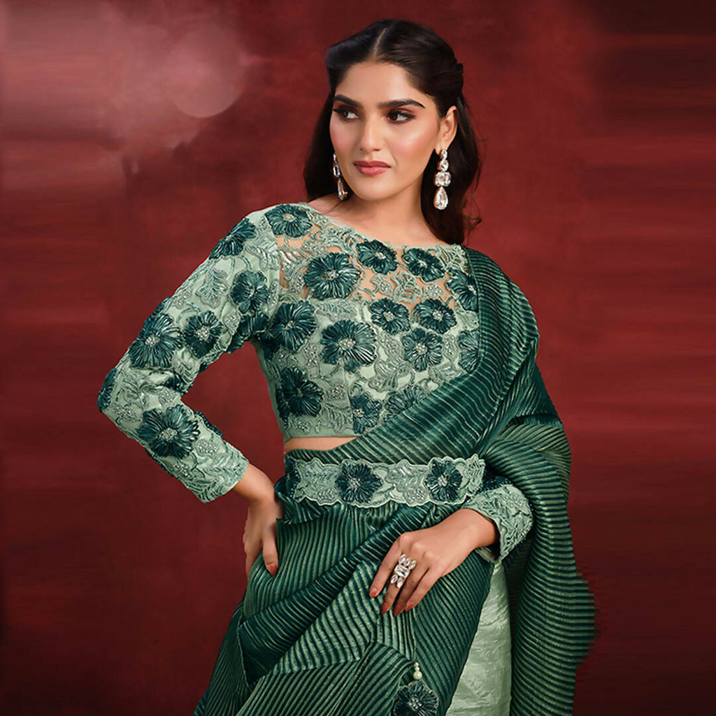 Sea Green Banarasi Crush Silk Sequence Thread & Stone Work/ Texture Pallu Saree - Mohmanthan Kimiya | Grocsy