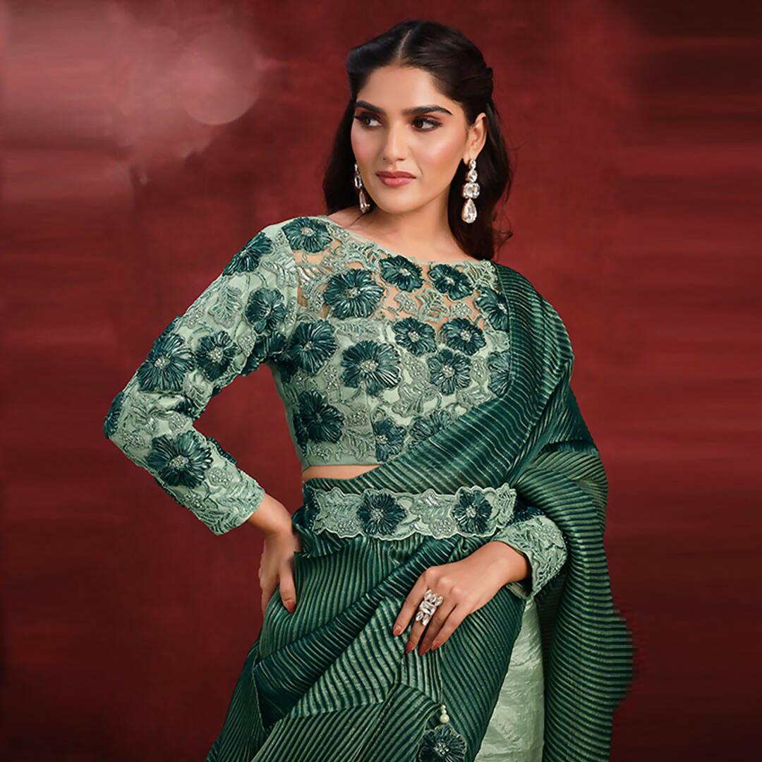Sea Green Banarasi Crush Silk Sequence Thread & Stone Work/ Texture Pallu Saree - Mohmanthan Kimiya | Grocsy