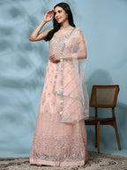 Peach Net Hand Embroidered Gown - Rudrani | Grocsy