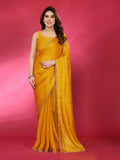 PR Fashion Yellow Jimmy Choo Fabric Palin With Work Lace Saree | Grocsy