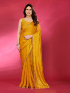 PR Fashion Yellow Jimmy Choo Fabric Palin With Work Lace Saree | Grocsy
