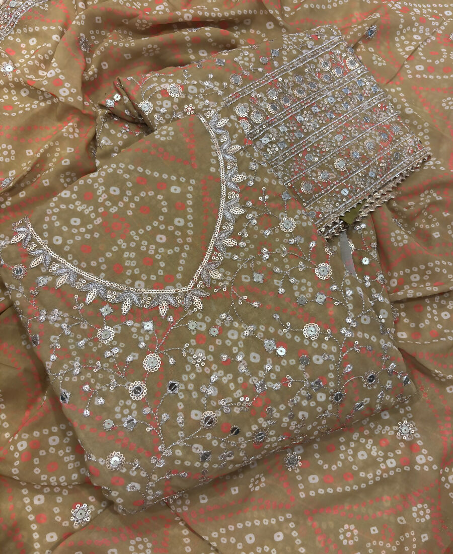KC Mustard Bandhani Printed Heavy Emrboidery Worked Sharara Suit Ethnic Wear | Grocsy