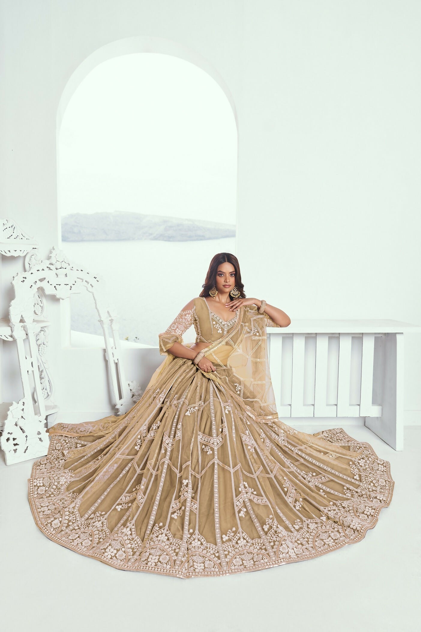 Eilara Charming Beige Thread Work Net Designer Lehenga Choli With Dupatta | Grocsy