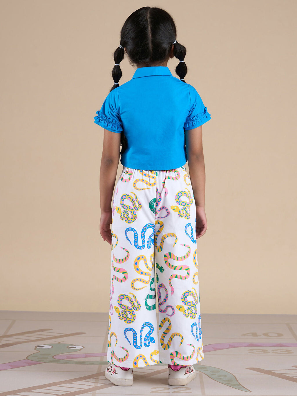 Snakes and Ladders Girls Blue Shirt and Multi Color Snake Print Pant Set from Siblings Collection | Grocsy