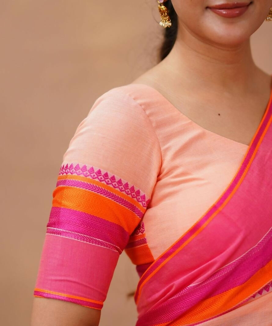 Exclusive Collection Light Orange Beautiful Khadi Cotton Handloom Saree | Grocsy
