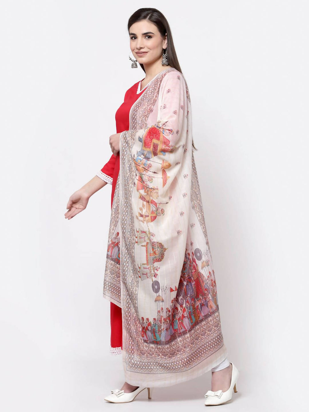 Myshka Pink Cotton Solid 3/4 Sleeve V Neck Casual Kurta Dupatta Set | Grocsy