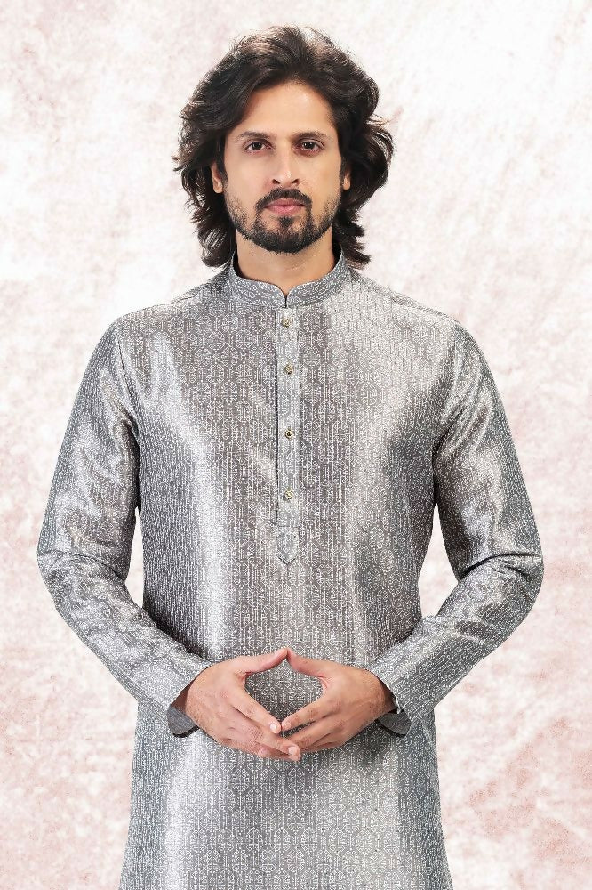 Raivat Ethnic Jacquard Banarasi Silk Digital Print Kurta Pajama In Grey Colour | Grocsy