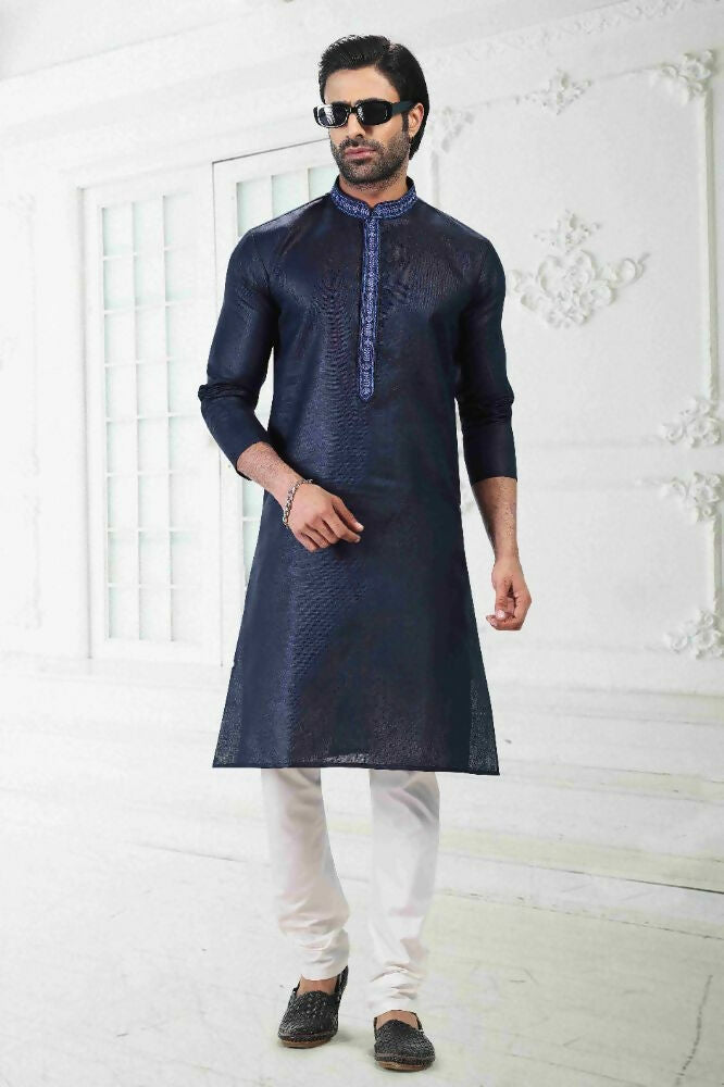 Raivat Ethnic Linen Cotton Thread Work Kurta Pajama In Blue Colour | Grocsy