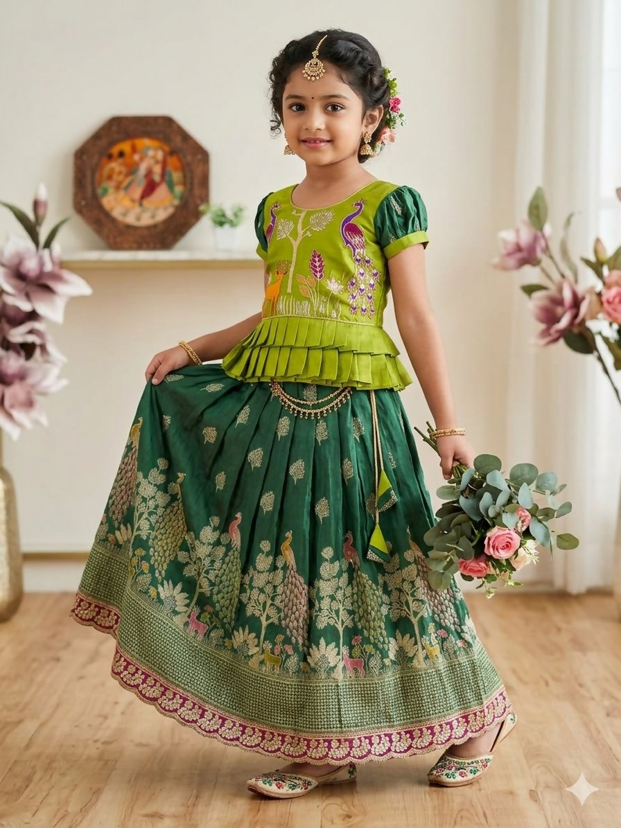 Teeya Creation New Kids Green Color Little Deer Forest Fantasy Lehenga Choli Set -Green | Grocsy