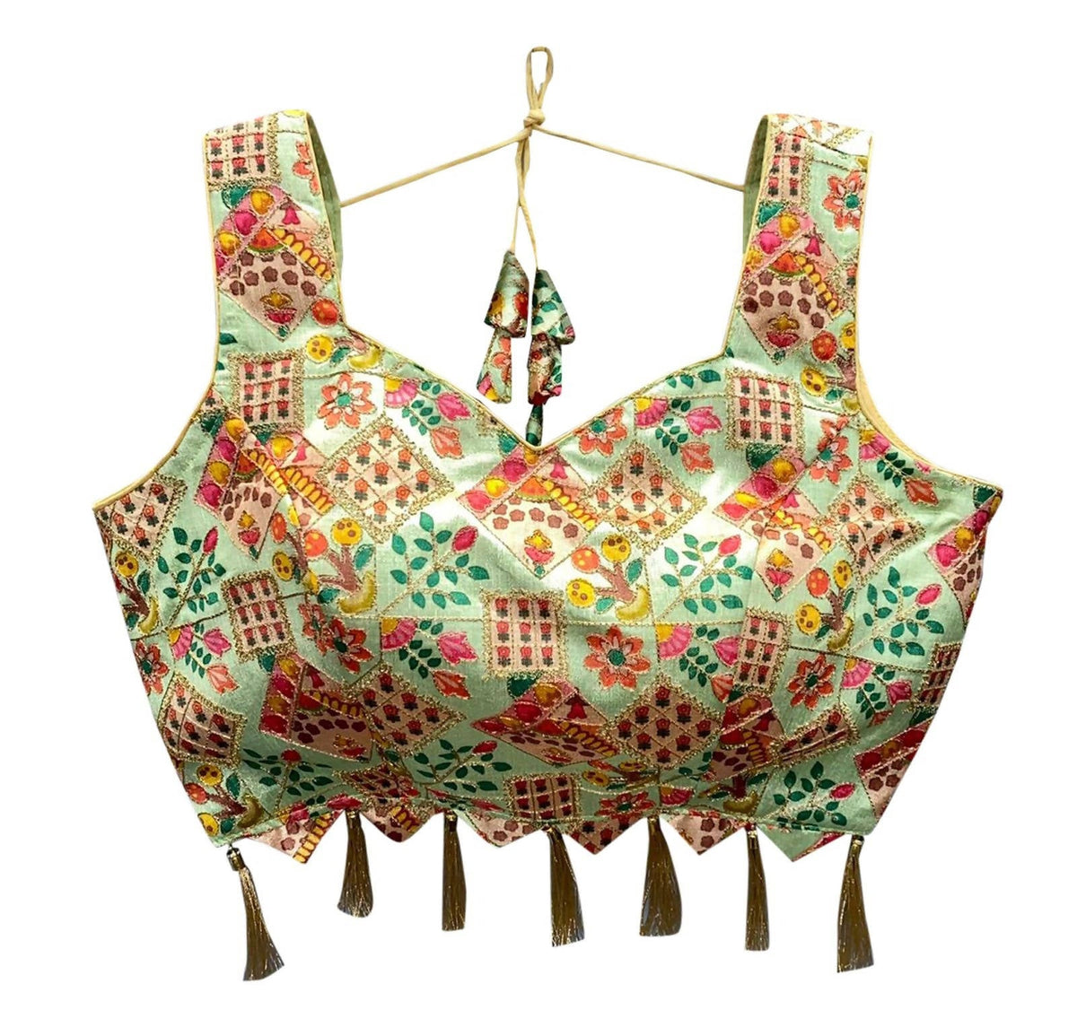 Vamika Pista Green Banglori Silk Digital Print And Embroidery Blouse | Grocsy