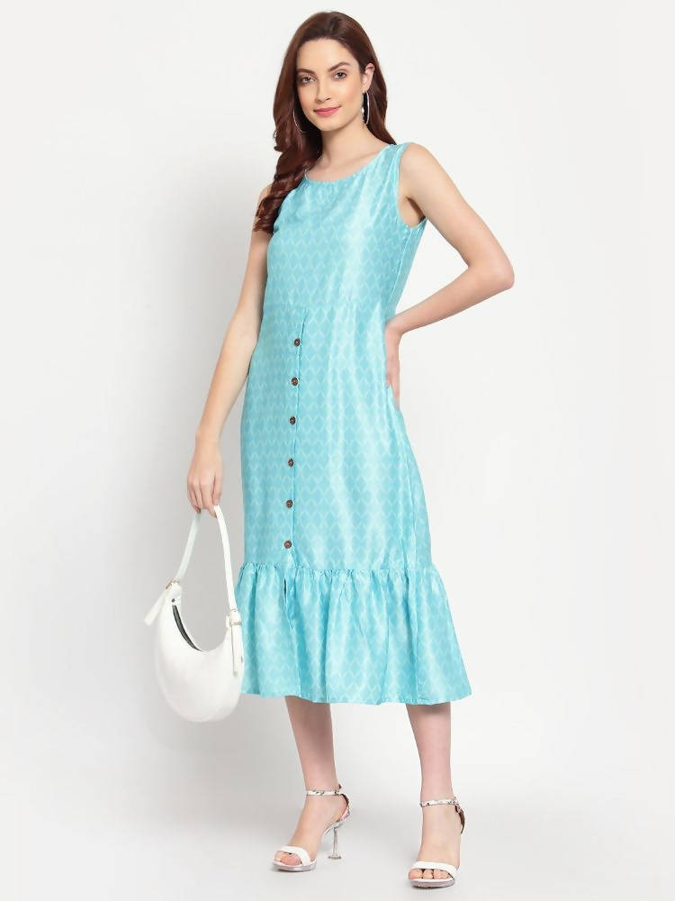 Myshka Women's See Green Solid Cotton Blend Sleeveless Round Neck Casual Dress | Grocsy