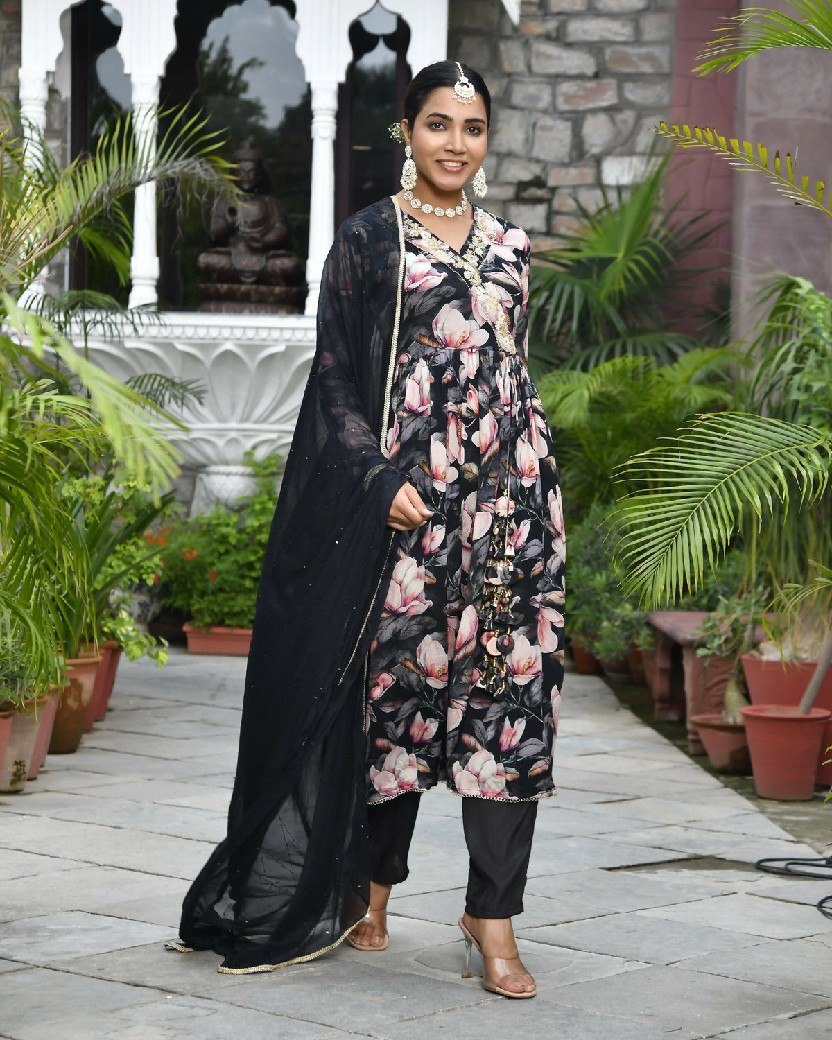 Vaasva Women's Chinon Emboidered Angrakha Anarkali Set With Solid Pant & Solid Embroidered Dupatta | Grocsy