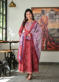 Yufta Women Red Handblock Printed A-Line Kurta & Trouser With Embroidery & Dupatta | Grocsy