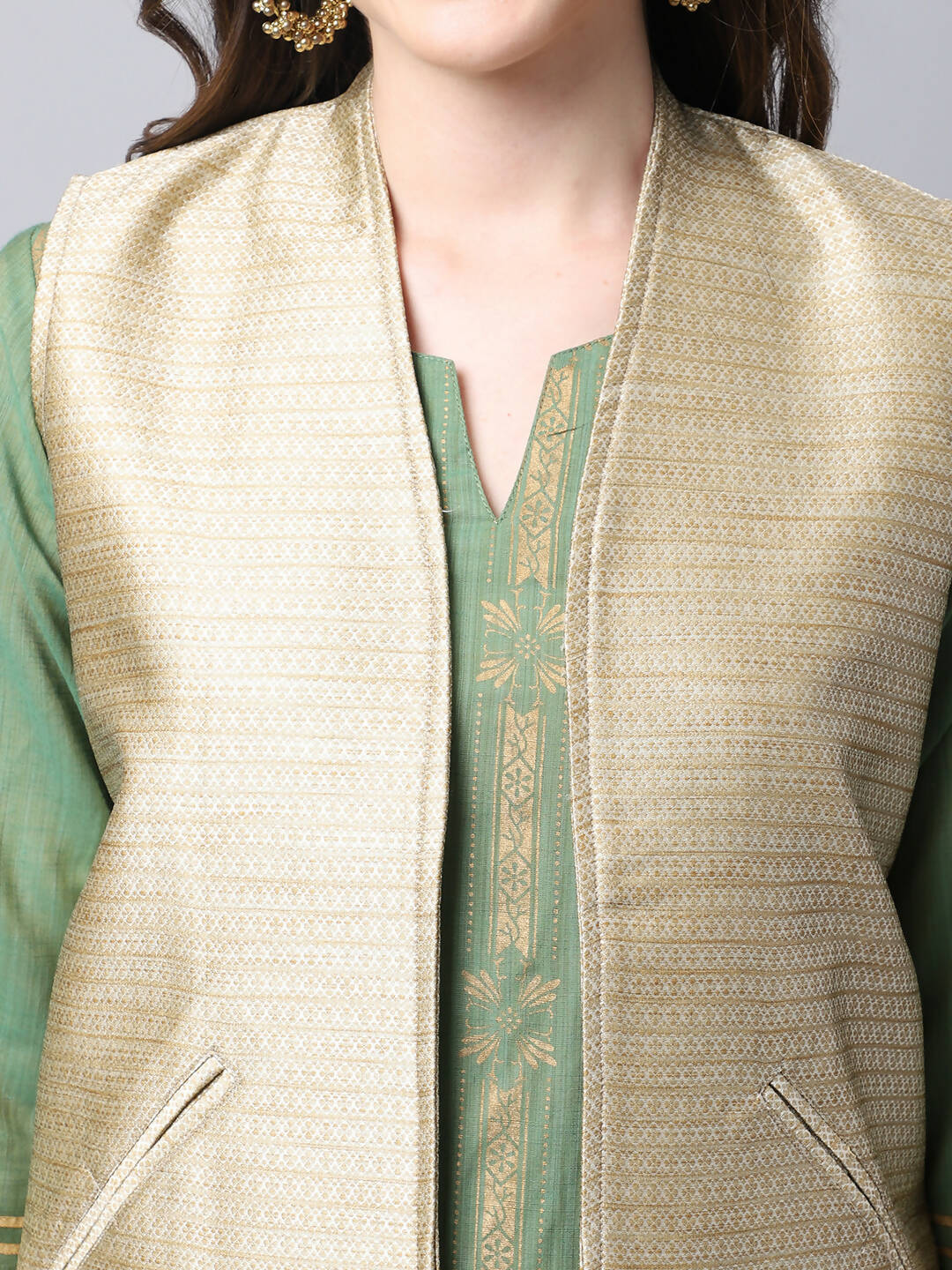 Even Apparels Beige Bansari Silk Open Front Gillet | Grocsy