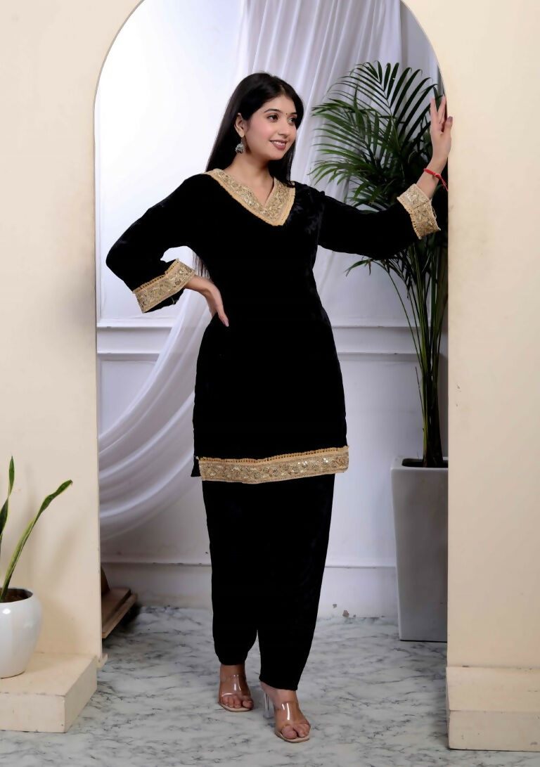 Miravan Women's Black Velvet Dreams Embroidered Co-ord Set | Grocsy