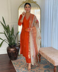 Dwija Fashion Embroidered Kurti With Pant And Duppata Set-Orange Rust | Grocsy