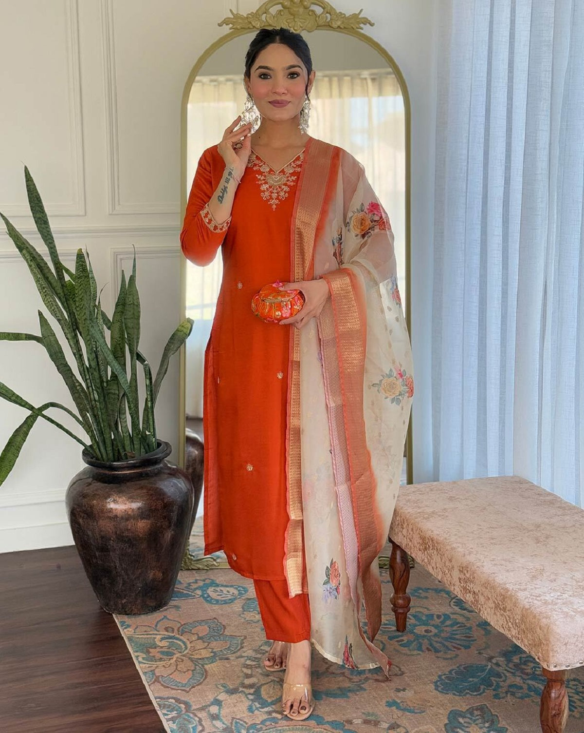 Dwija Fashion Embroidered Kurti With Pant And Duppata Set-Orange Rust | Grocsy