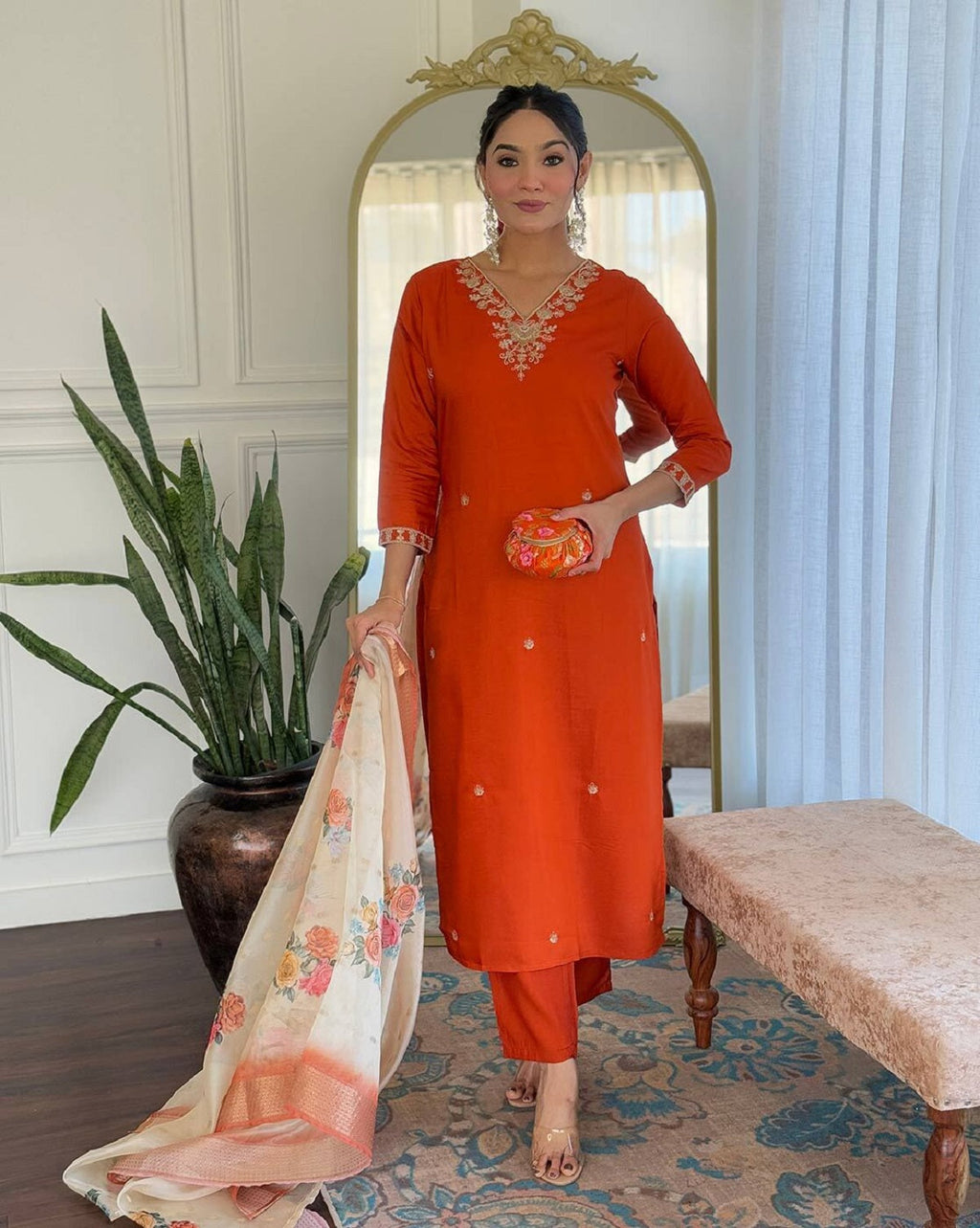 Dwija Fashion Embroidered Kurti With Pant And Duppata Set-Orange Rust | Grocsy