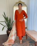 Dwija Fashion Embroidered Kurti With Pant And Duppata Set-Orange Rust | Grocsy