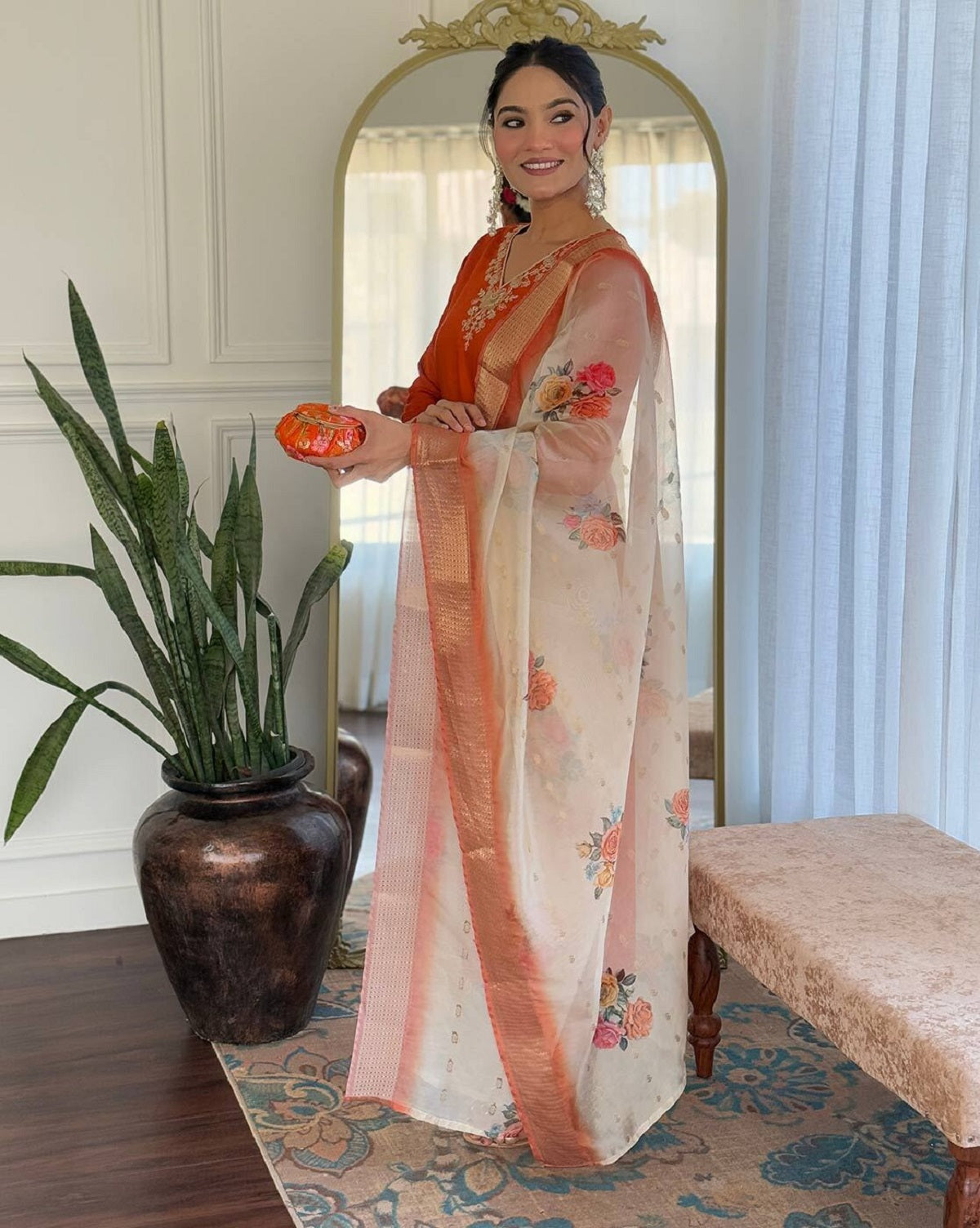 Dwija Fashion Embroidered Kurti With Pant And Duppata Set-Orange Rust | Grocsy
