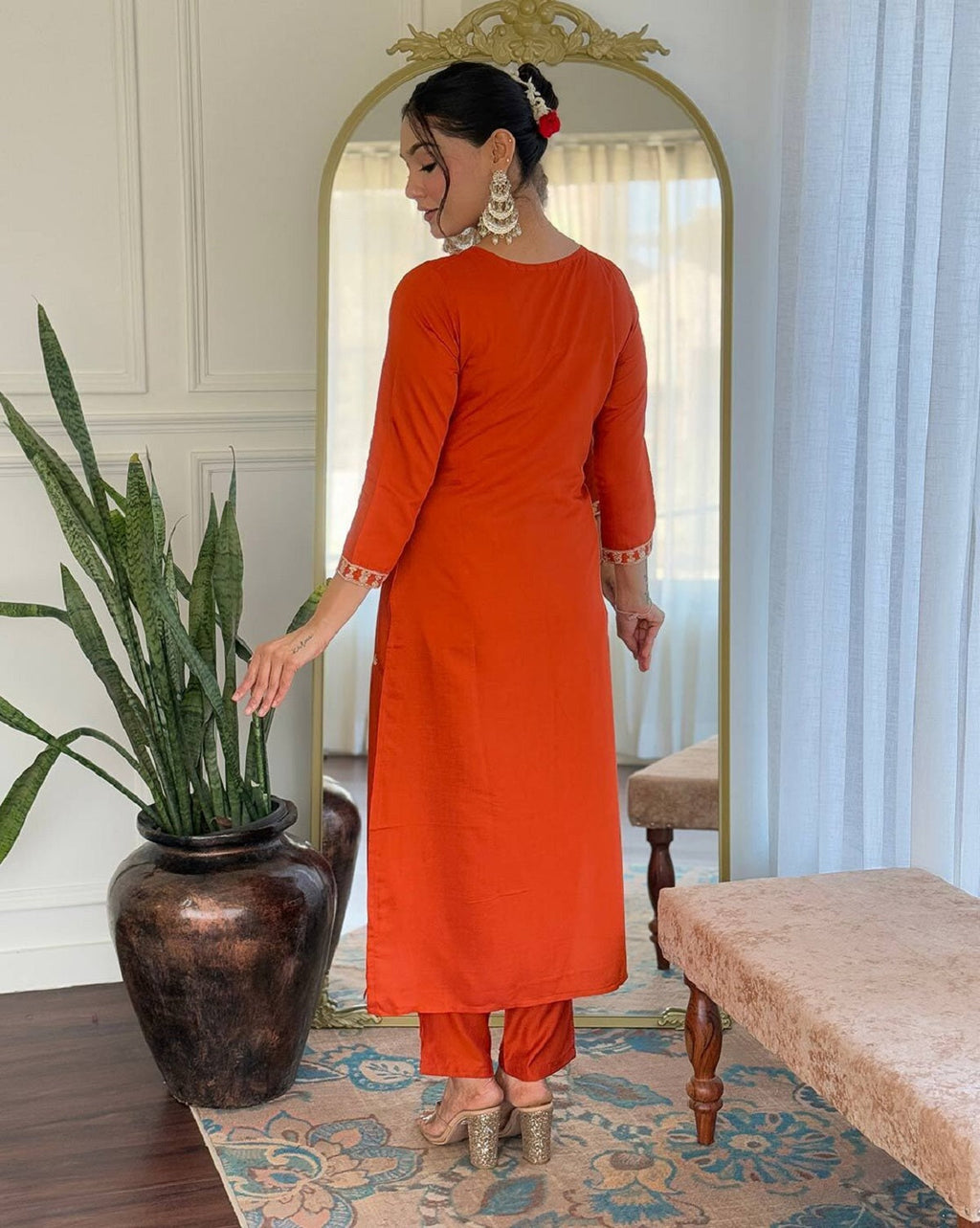 Dwija Fashion Embroidered Kurti With Pant And Duppata Set-Orange Rust | Grocsy