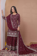 The52 Women's Gorgeous Embroidery Work Natural Crepe Fabric Straight Kurta Sharara and Dupatta Set-Maroon | Grocsy