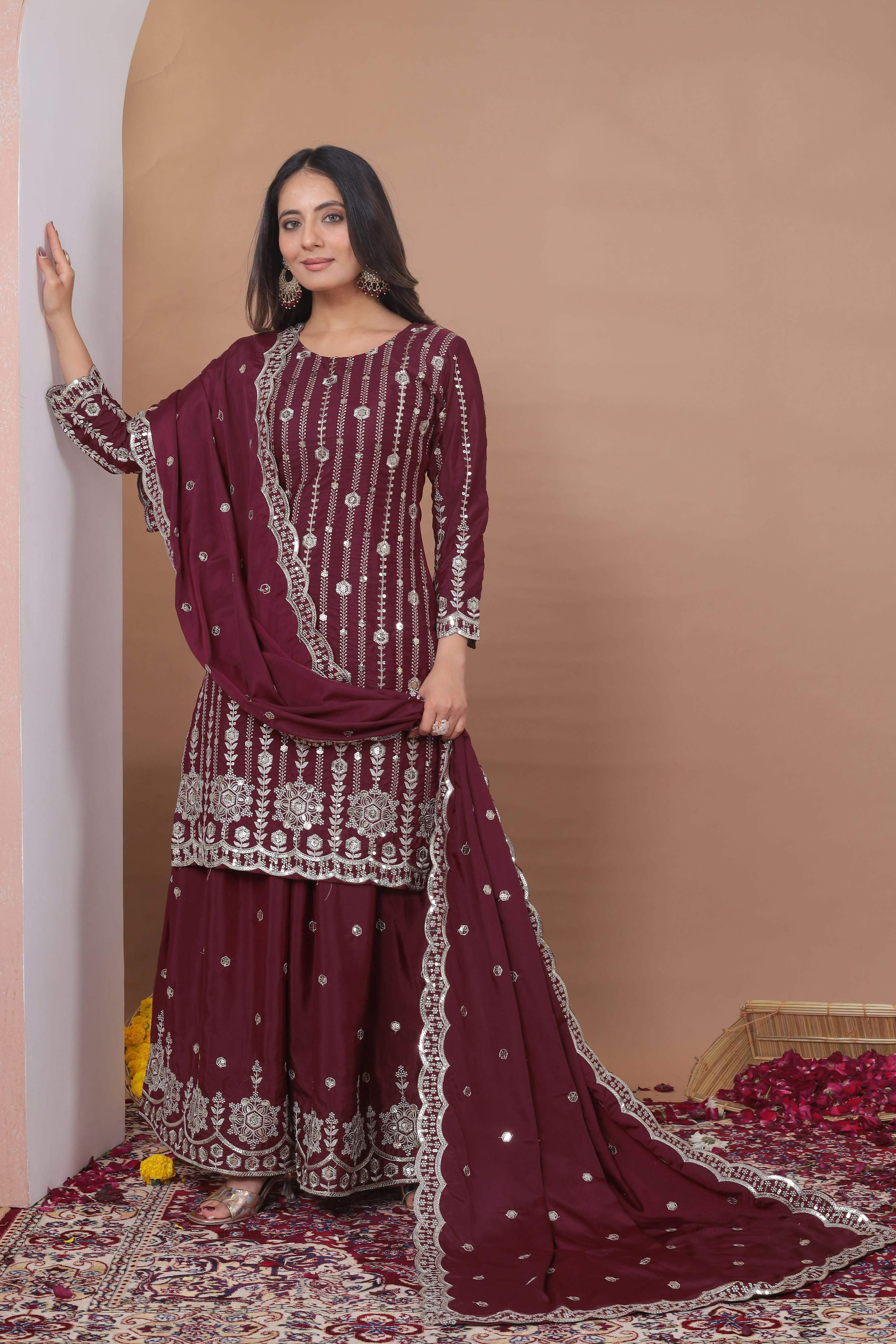 The52 Women's Gorgeous Embroidery Work Natural Crepe Fabric Straight Kurta Sharara and Dupatta Set-Maroon | Grocsy