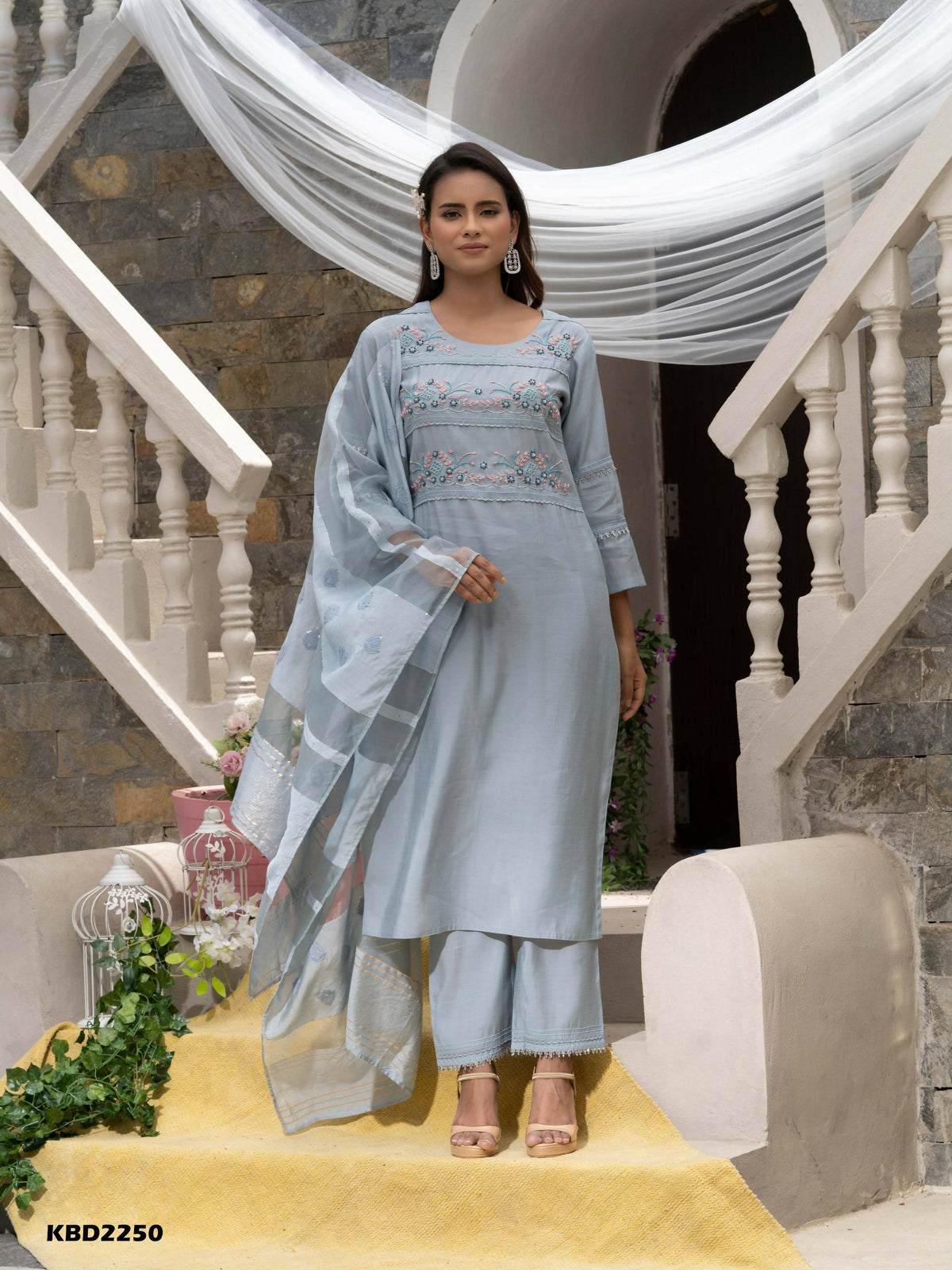 Light Blue Roman Silk Plain Kurta with Pant & Dupatta - Disha | Grocsy
