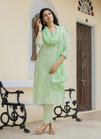 Kaajh Women's Green Mirror Embellished Cotton Suit Set | Grocsy