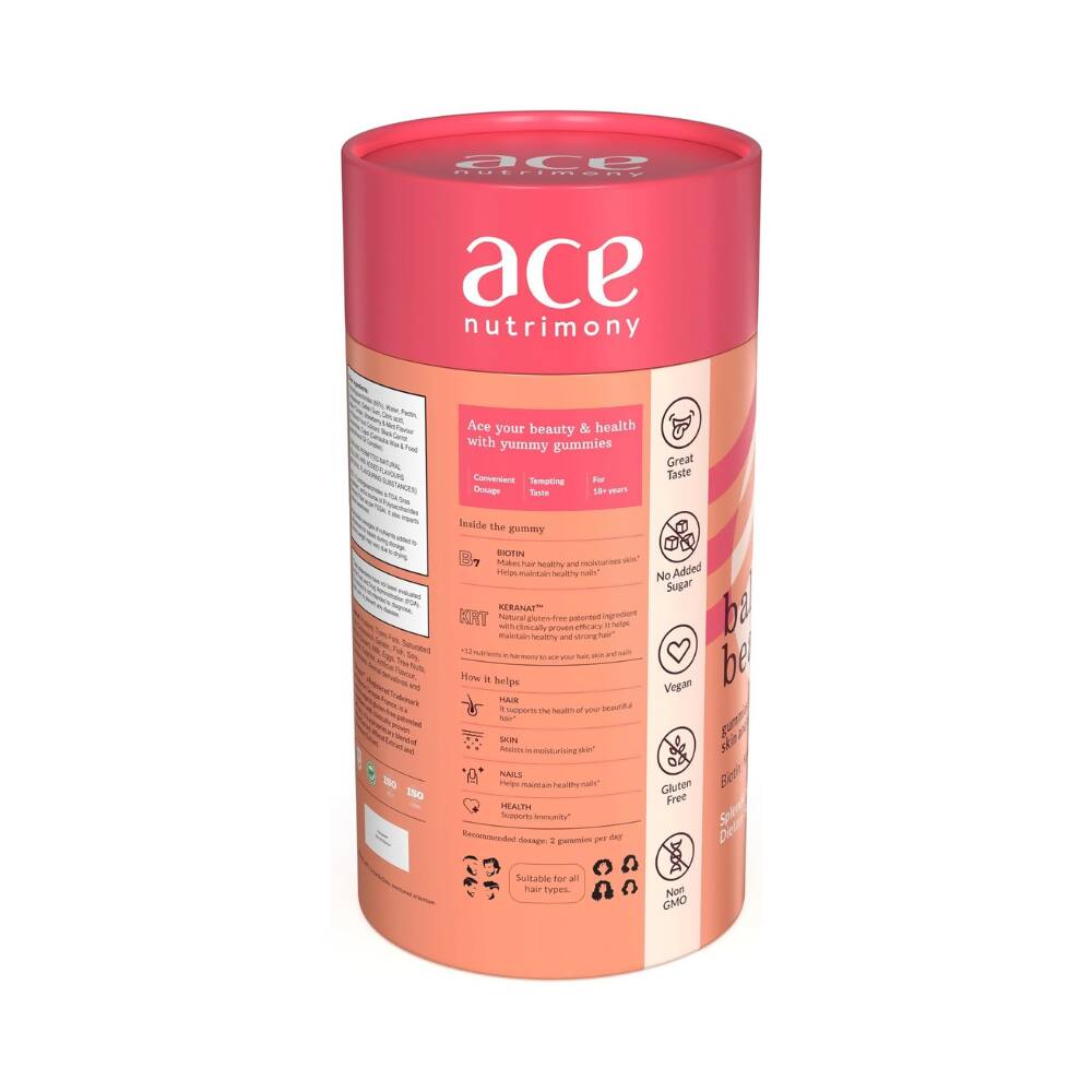Ace Nutrimony Biotin Balanced Beauty Hair Gummies for Skin and Nails with Clinically Proven Keranat, Biotin - Strawberry | Grocsy
