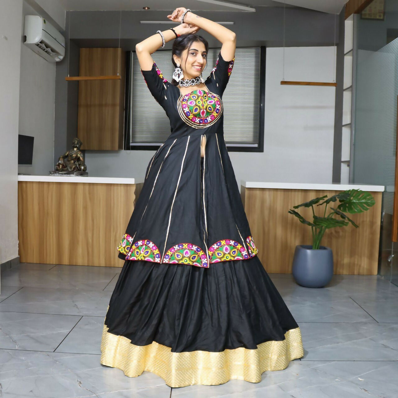 Yash Enterprise Black Rayon Cotton Embroidery Semi Stitched Navratri Top Chaniya Choli | Grocsy