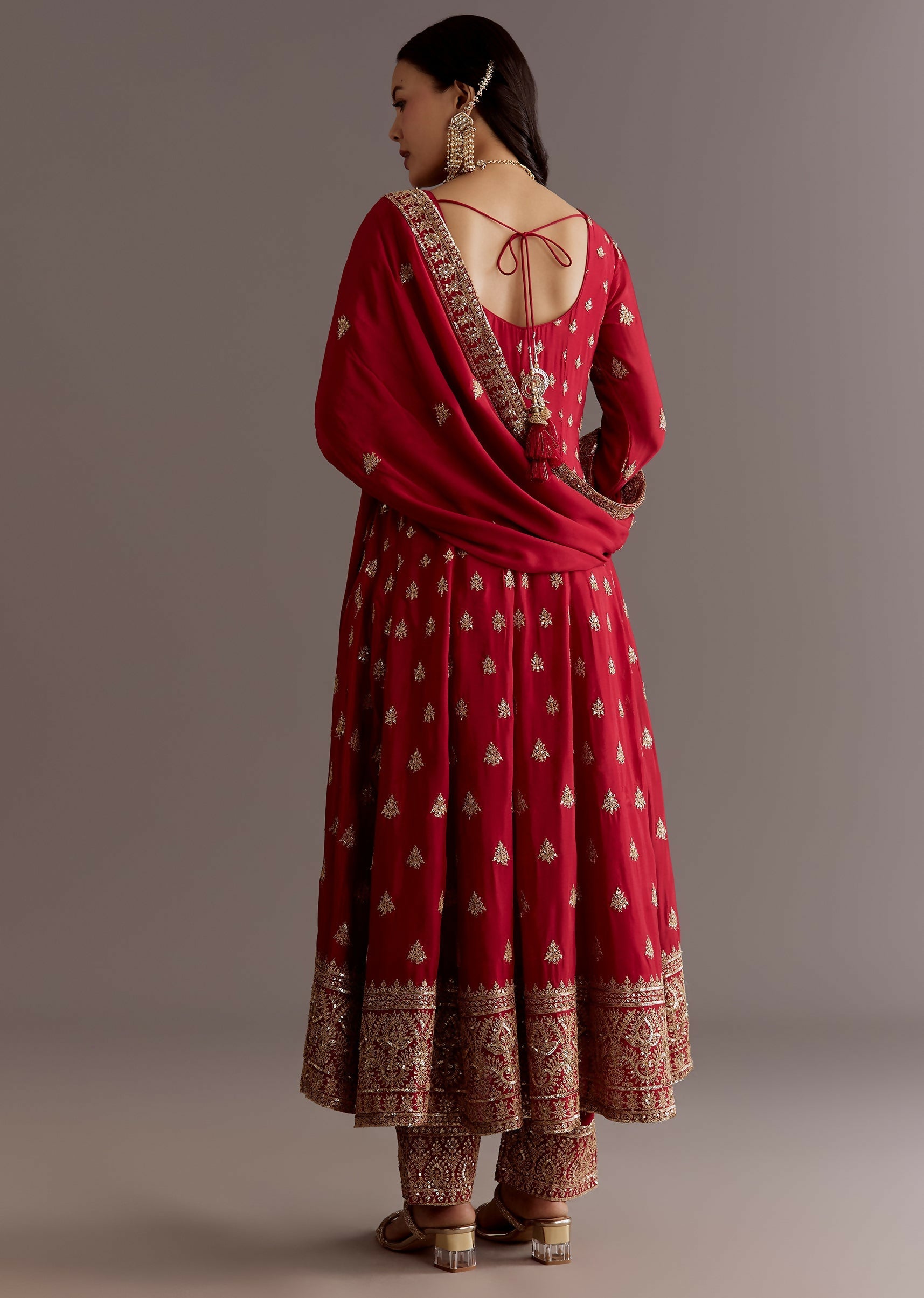 Teeya Creation Red Color Chinnon Silk Embroidery Work Gown | Grocsy