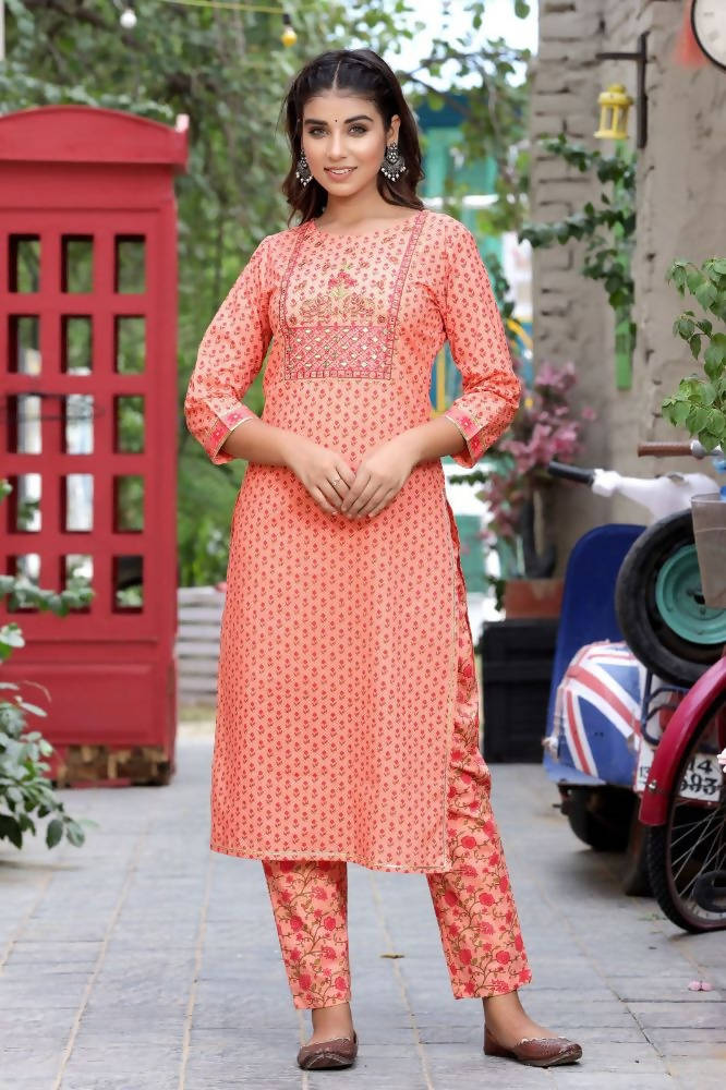 Yufta Women Peach Floral Mirror Work Pure Cotton Kurta with Trouser and Dupatta | Grocsy