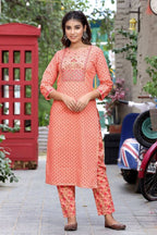 Yufta Women Peach Floral Mirror Work Pure Cotton Kurta with Trouser and Dupatta | Grocsy