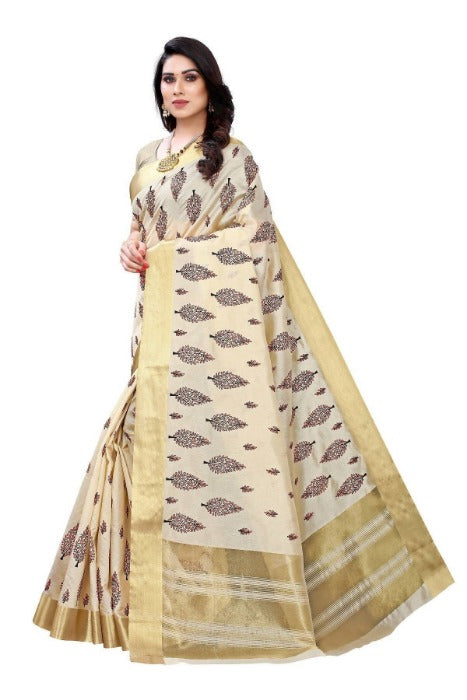 Vamika Cotton Polyester Silk Weaving Cream Saree (KERALA CRISMISTMAS) | Grocsy