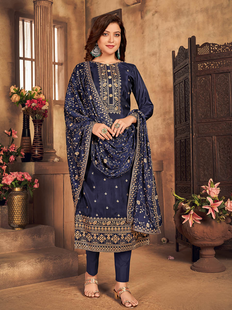 Myra Navy Blue Upada Embroidered Pant Style Suit | Grocsy