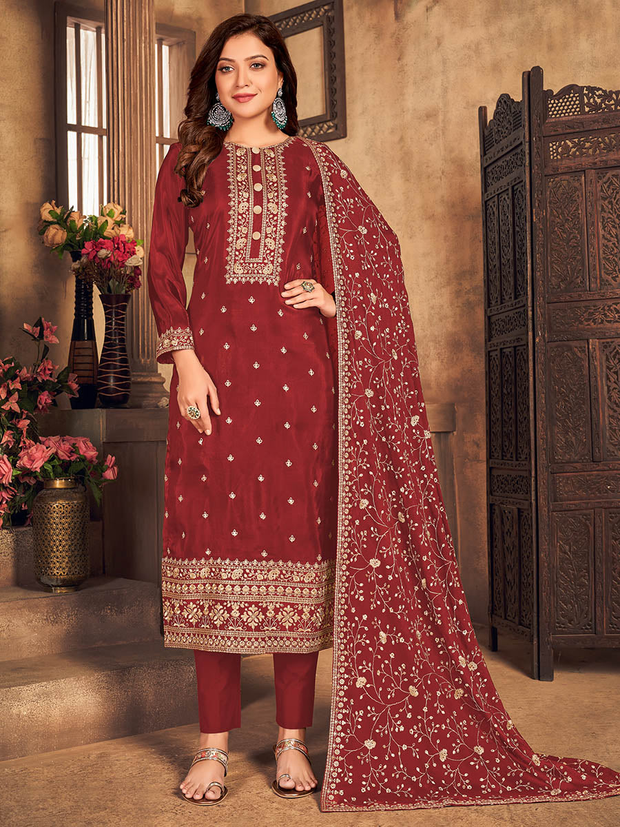 Myra Red Upada Embroidered Pant Style Suit | Grocsy