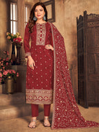 Myra Red Upada Embroidered Pant Style Suit | Grocsy
