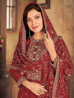 Myra Red Upada Embroidered Pant Style Suit | Grocsy