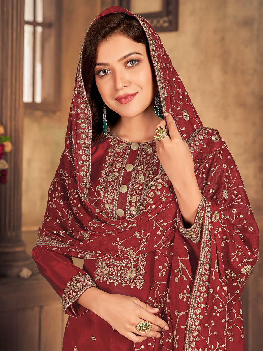 Myra Red Upada Embroidered Pant Style Suit | Grocsy