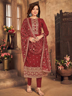 Myra Red Upada Embroidered Pant Style Suit | Grocsy