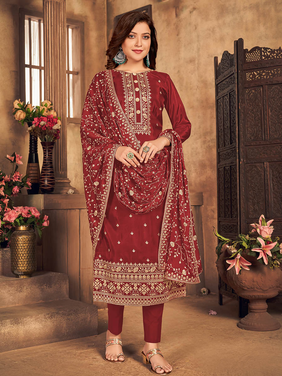 Myra Red Upada Embroidered Pant Style Suit | Grocsy