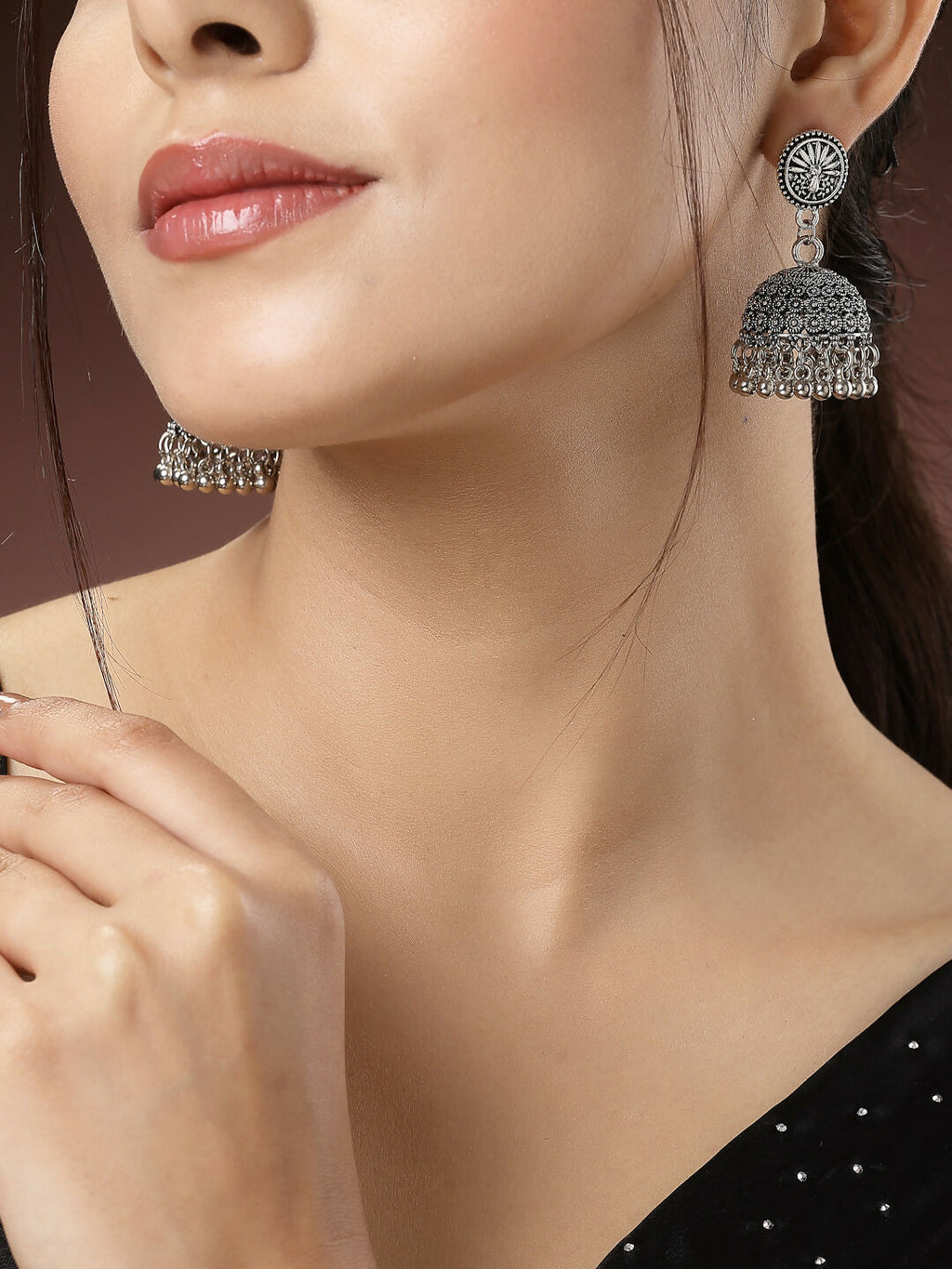 NVR Women's Silver-Toned German Silver Oxidised Dome Shaped Jhumka Earrings | Grocsy