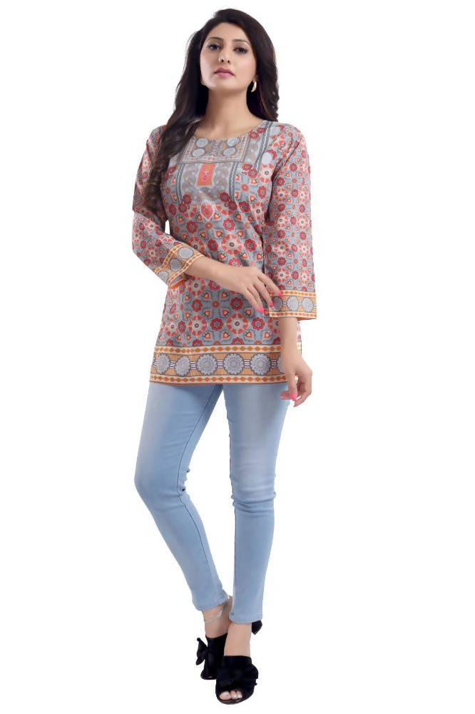 Snehal Creations Ash Gray Faux Crepe Short Kurti Tunic Top | Grocsy