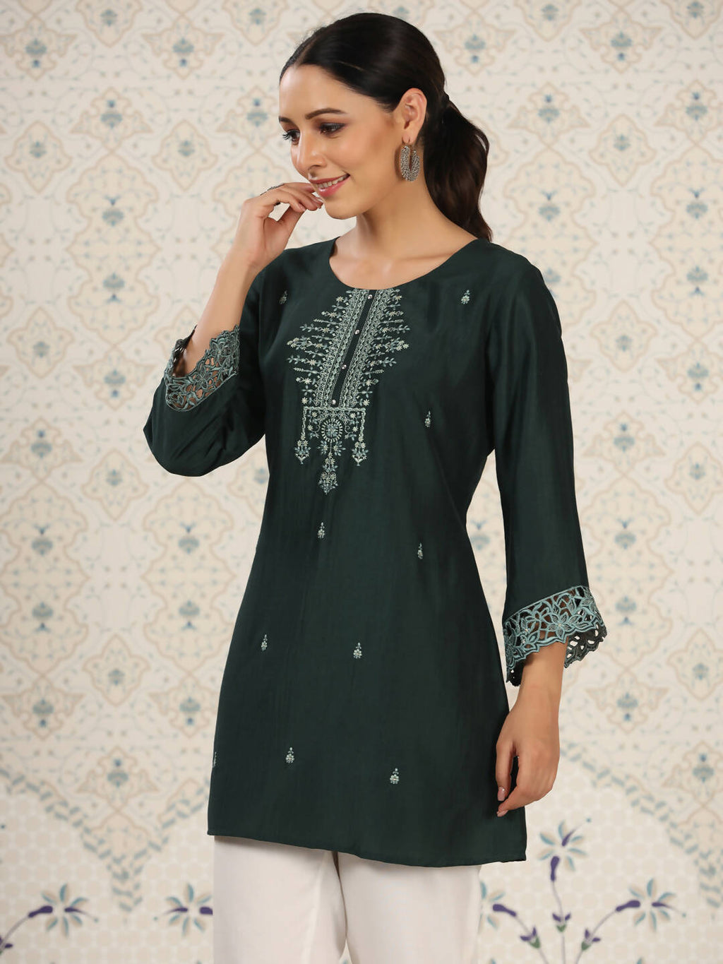 Dark Green Chinon Embroidered Straight Top - Zeny | Grocsy
