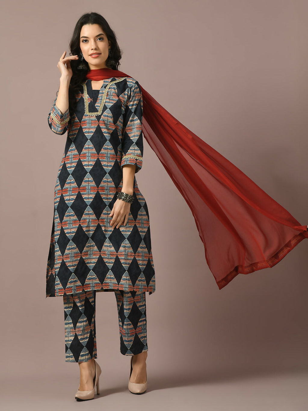 Myshka Women's Multi Printed Cotton Straight Party Kurta Set With Dupatta | Grocsy