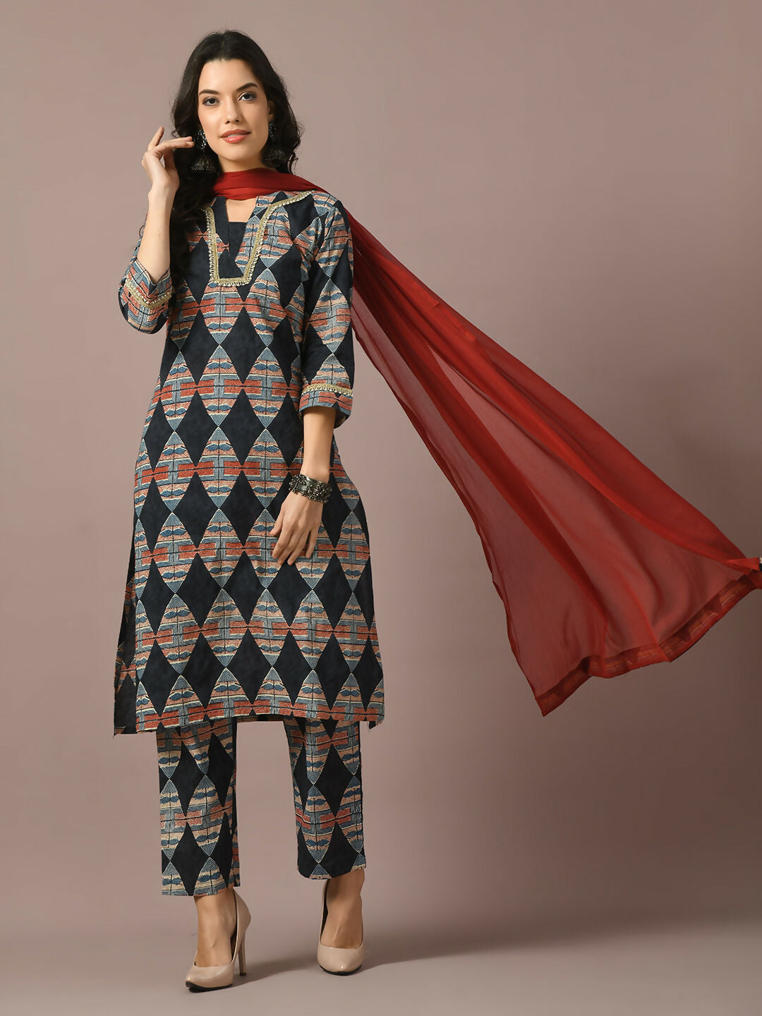 Myshka Women's Multi Printed Cotton Straight Party Kurta Set With Dupatta | Grocsy