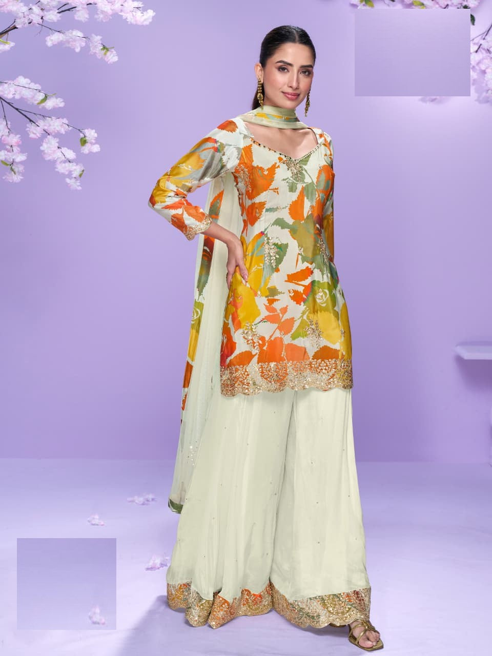 Aarshi Fashions White Floral Print Full Stitched Palazzo Suits | Grocsy