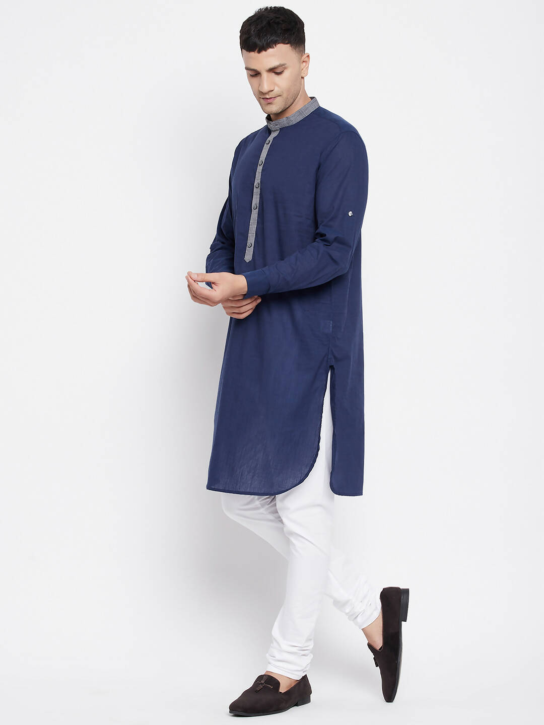 Even Apparels Blue Pure Cotton Men's Kurta With Contrast Collar And Placket | Grocsy